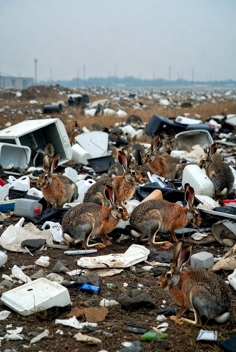 Jackrabbits frenzily hoarding trash in industrial waste dump